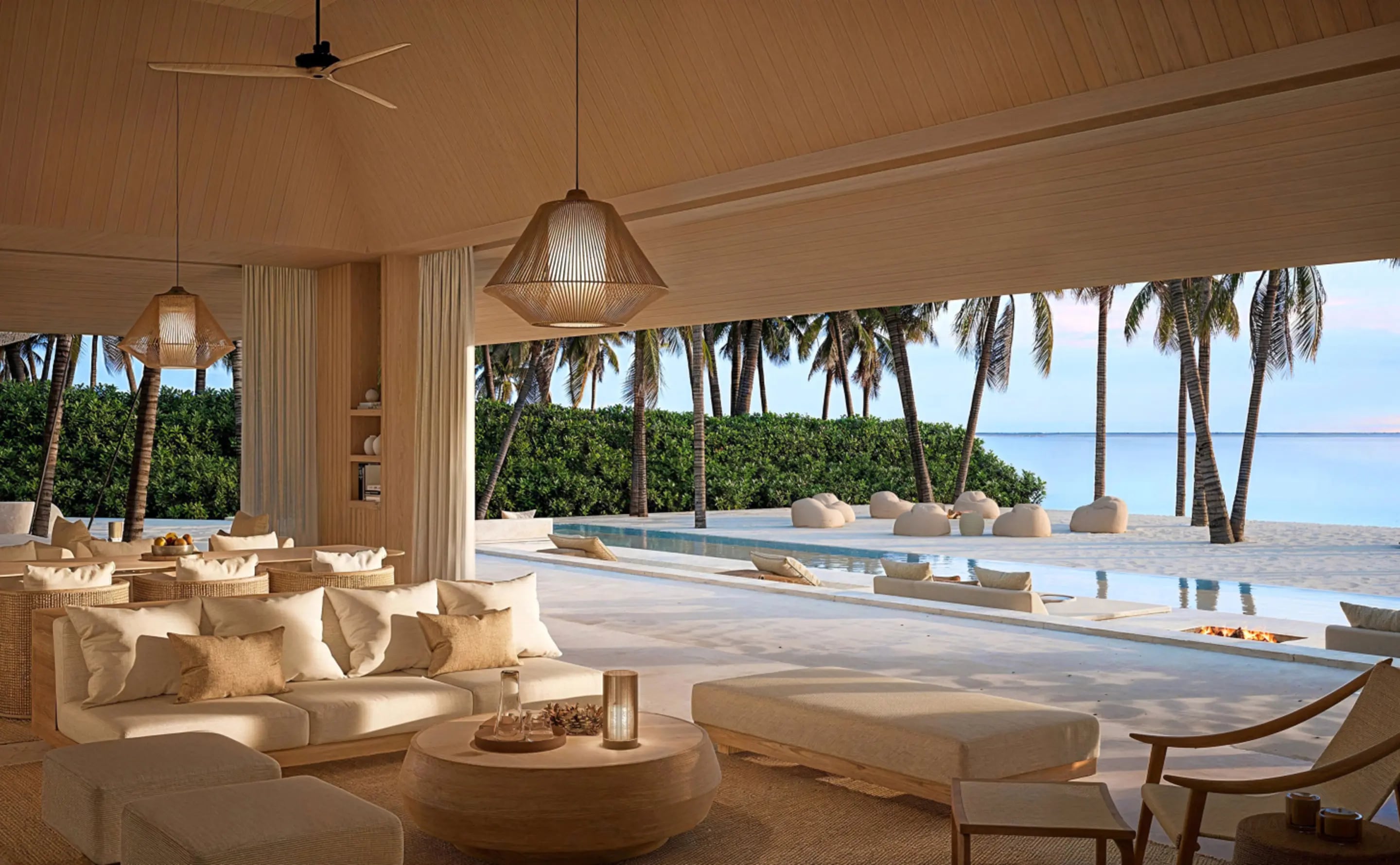 Official render of an Aman Maldives beach pavilion interior