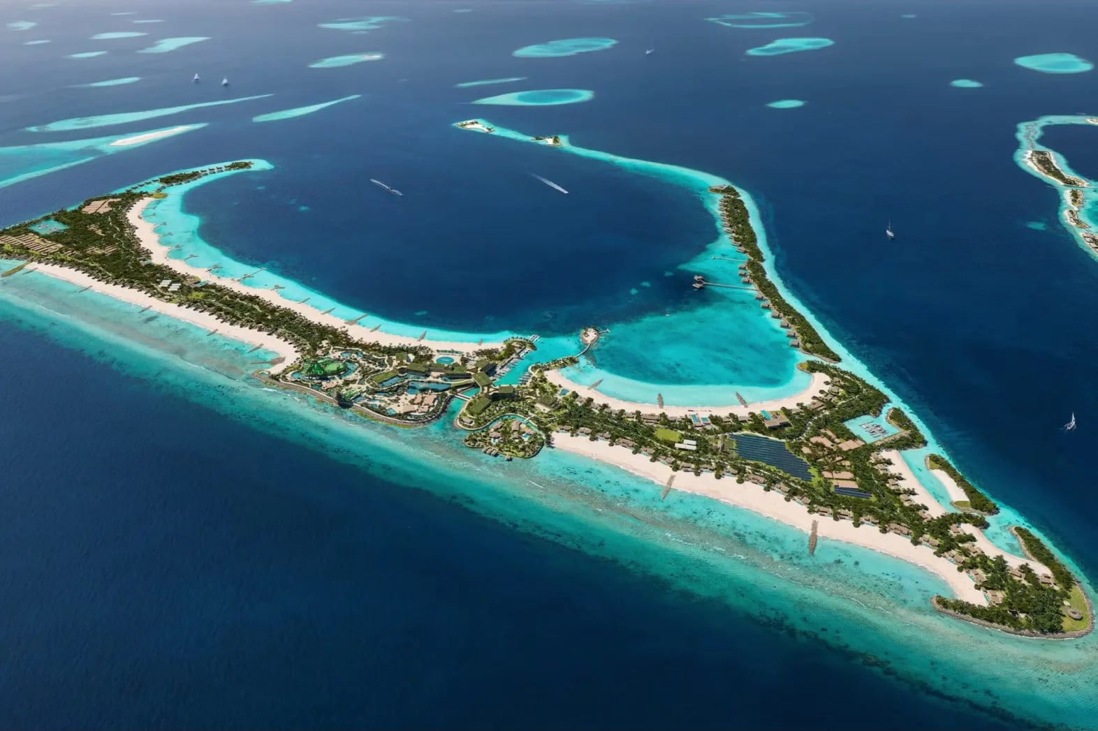Masterplan render of the dual-island Atlantis The Royal Maldives