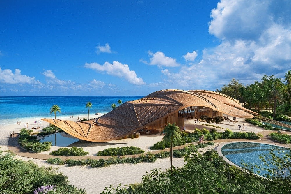 CGI of the manta-ray-inspired Corinthia Maldives lobby