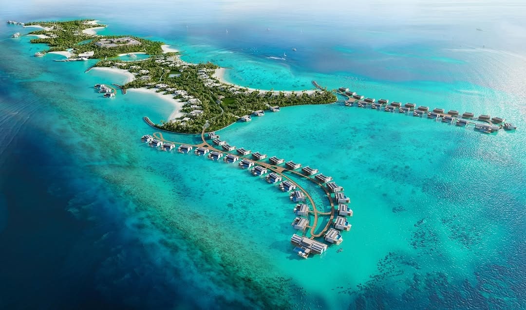 Aerial render of the three-island Mandarin Oriental Bolidhuffaru Reef resort