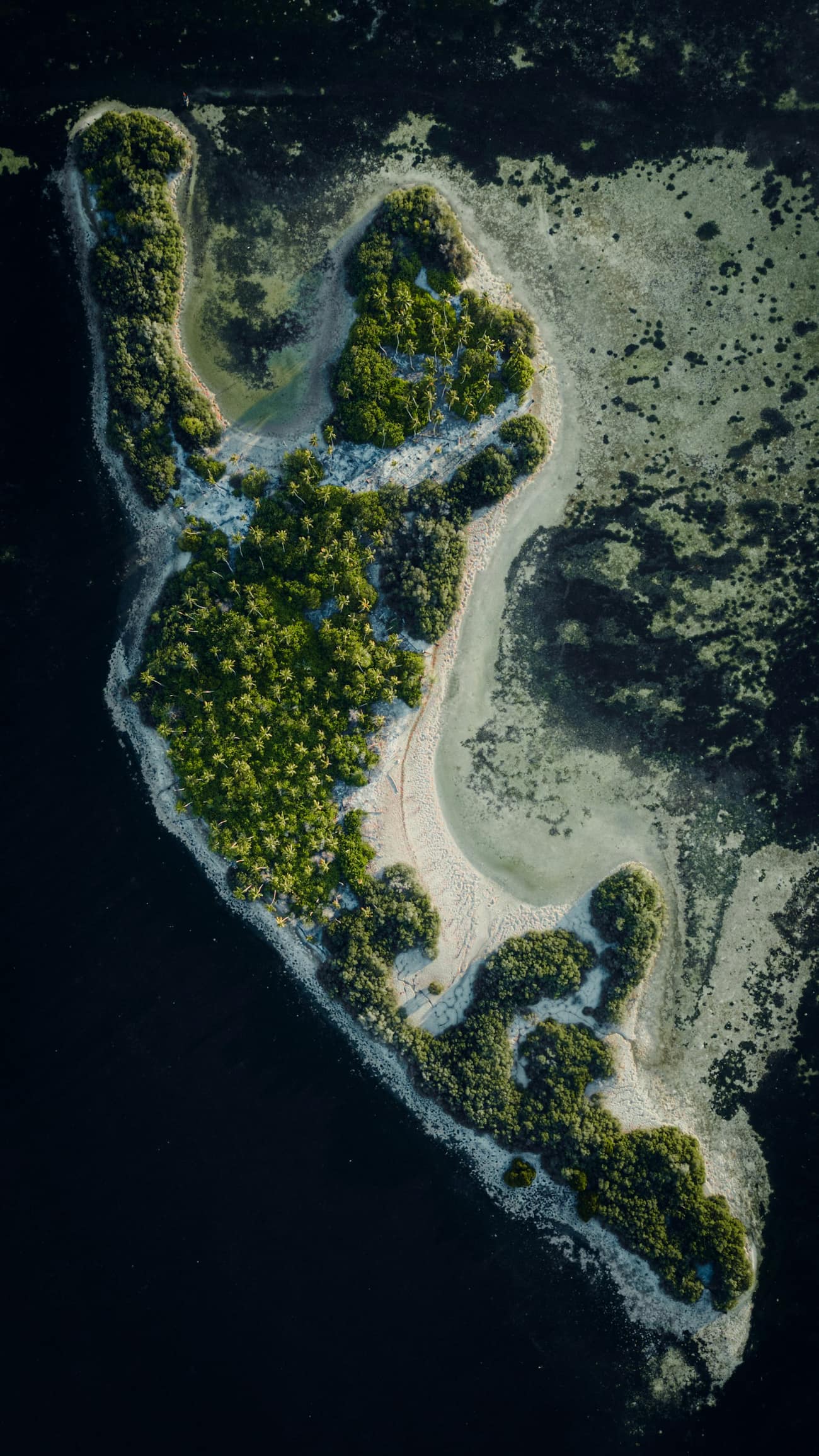 Aerial view of a small uninhabited island and sandbanks in the southern Maldives