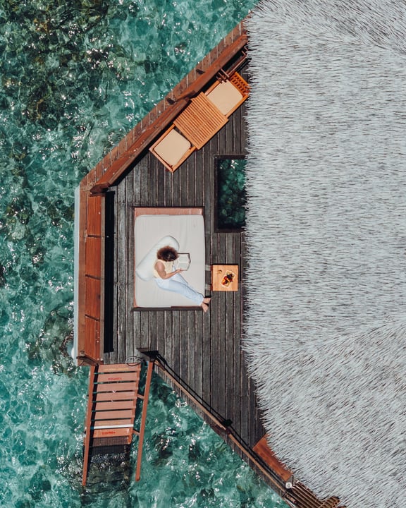 Photo by Adaaran Prestige Water Villas on April 29, 2026. May be an image of deck chair, raft, tree house, houseboat, boathouse and text.