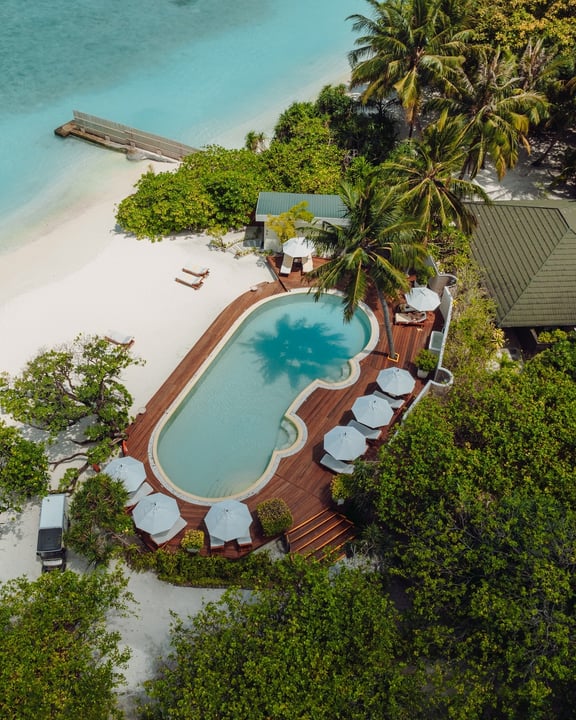 Photo by Adaaran Prestige Water Villas on August 05, 2026. May be an image of chaise longue, body of water, cabana and text.