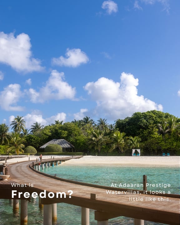 Foto di Adaaran Prestige Water Villas del 17 settembre 2026. Potrebbe essere un'immagine di orizzonte, specchio d'acqua, parco e testo che dice "Cos'è la Libertà? AtAdaaranPrestige AtAdaaran Prestige Watervillas, i