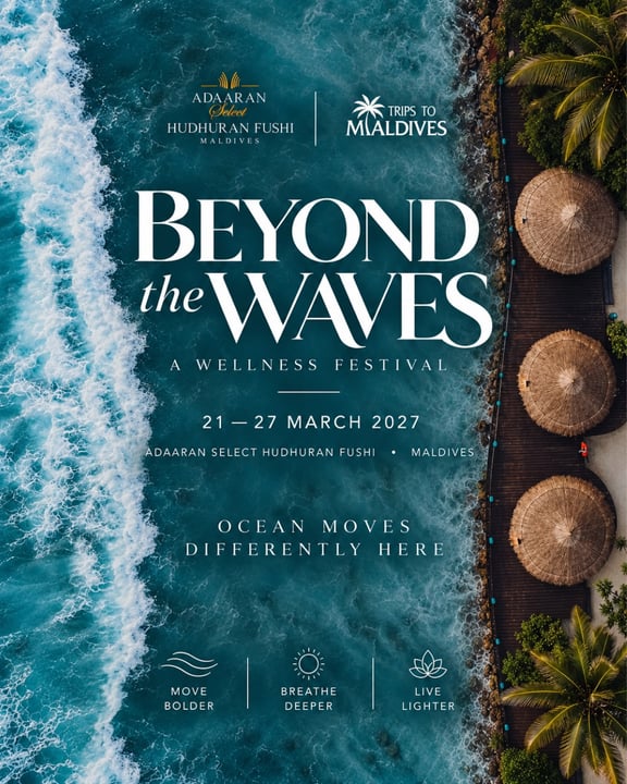 Foto di Trips to Maldives ad Adaaran Select Hudhuranfushi con @visitmaldives, @seefromthesky e @adaaranselecthudhuranfushi. Potrebbe essere una grafica di rivista, poster, acqua, spiaggia e testo che dice "