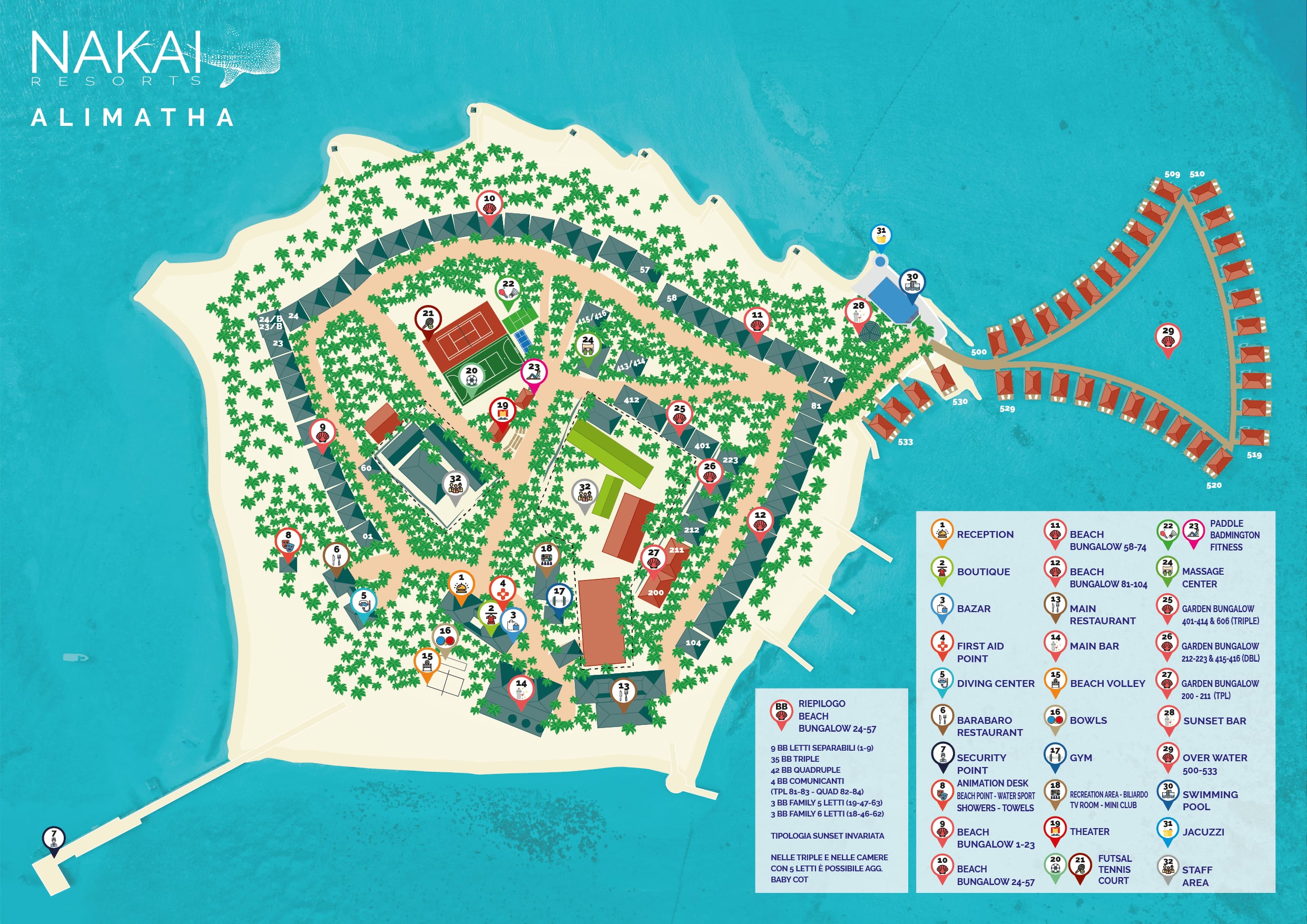 Illustrierte NAKAI-Resortkarte von Alimatha — Strandbungalows, Gartenzimmer, Overwater-Villen, Restaurants, Bars und das Tauchzentrum