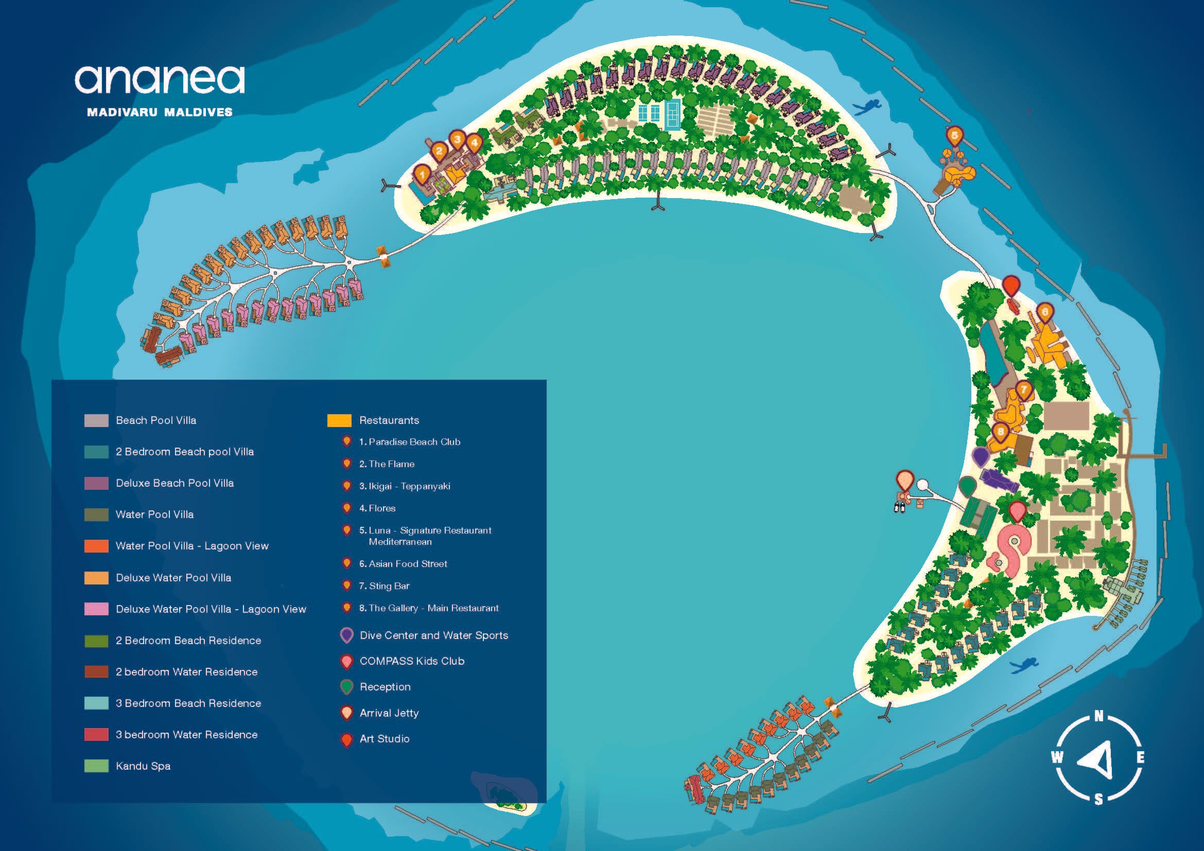 Offizielle illustrierte Resortkarte von Ananea Madivaru — zwei Inseln, Villenkategorien und Locations