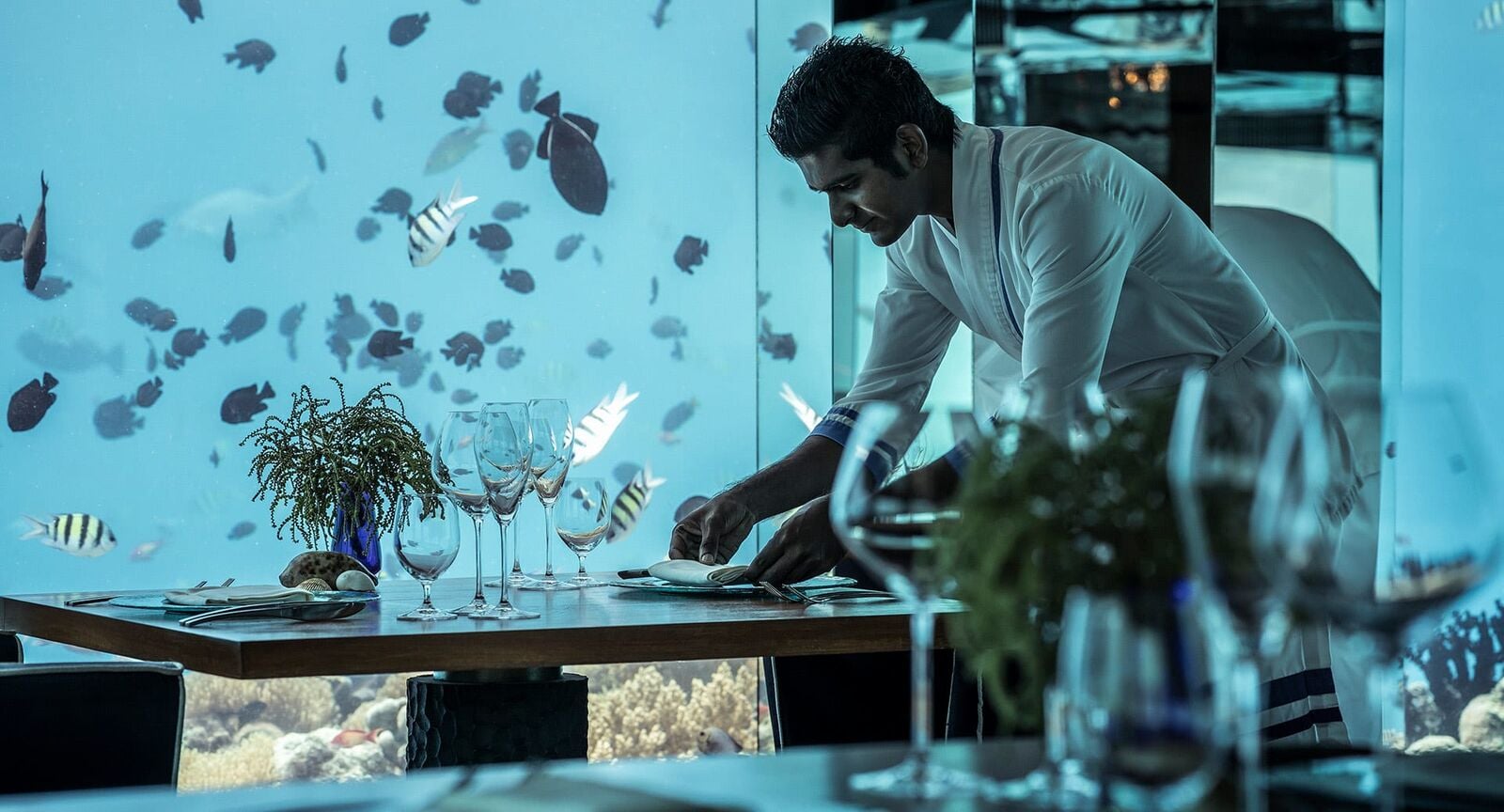 Ein Kellner deckt einen Tisch in einem Unterwasserrestaurant im Anantara Kihavah Maldives Villas, umgeben von Fischen, die durch Glaswände sichtbar sind.