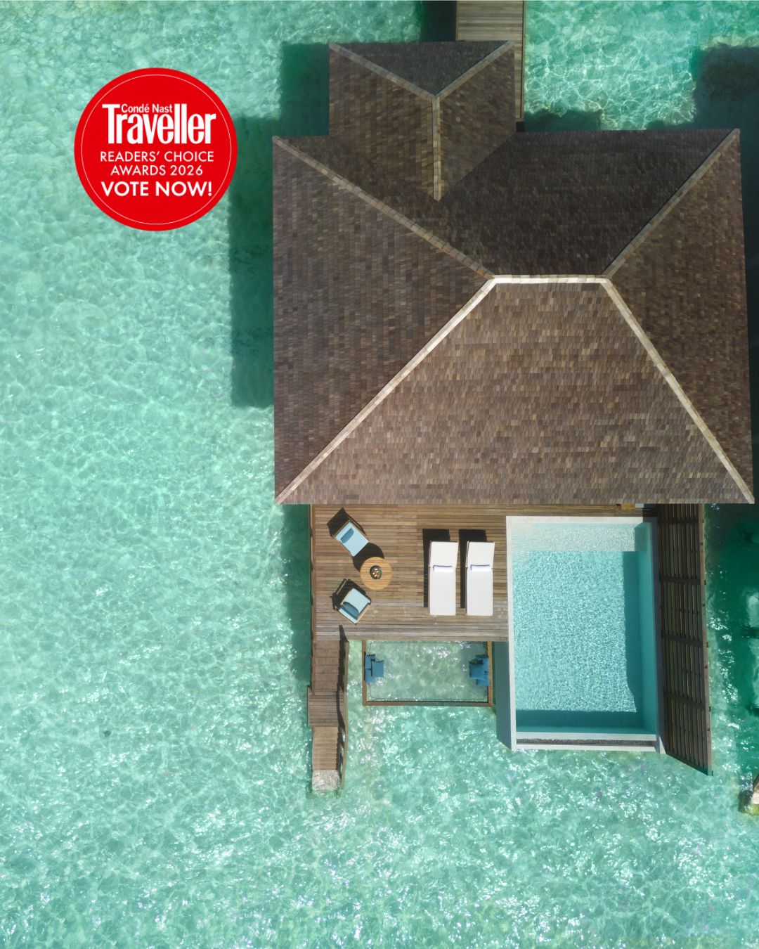 Photo by Anantara Veli Maldives Resort on June 11, 2026. May be an image of water and text that says "Traveller Nast Condé READERS' CHOICE AWARDS2026 VOTE VOTENOW! NOW! ®".