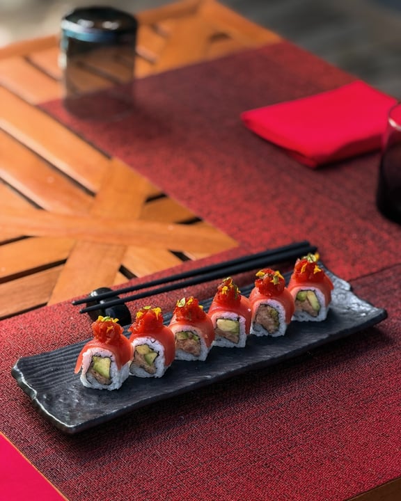 Photo by Anantara Veli Maldives Resort on June 17, 2026. May be an image of sushi, sashimi, chopsticks, place mat and text.