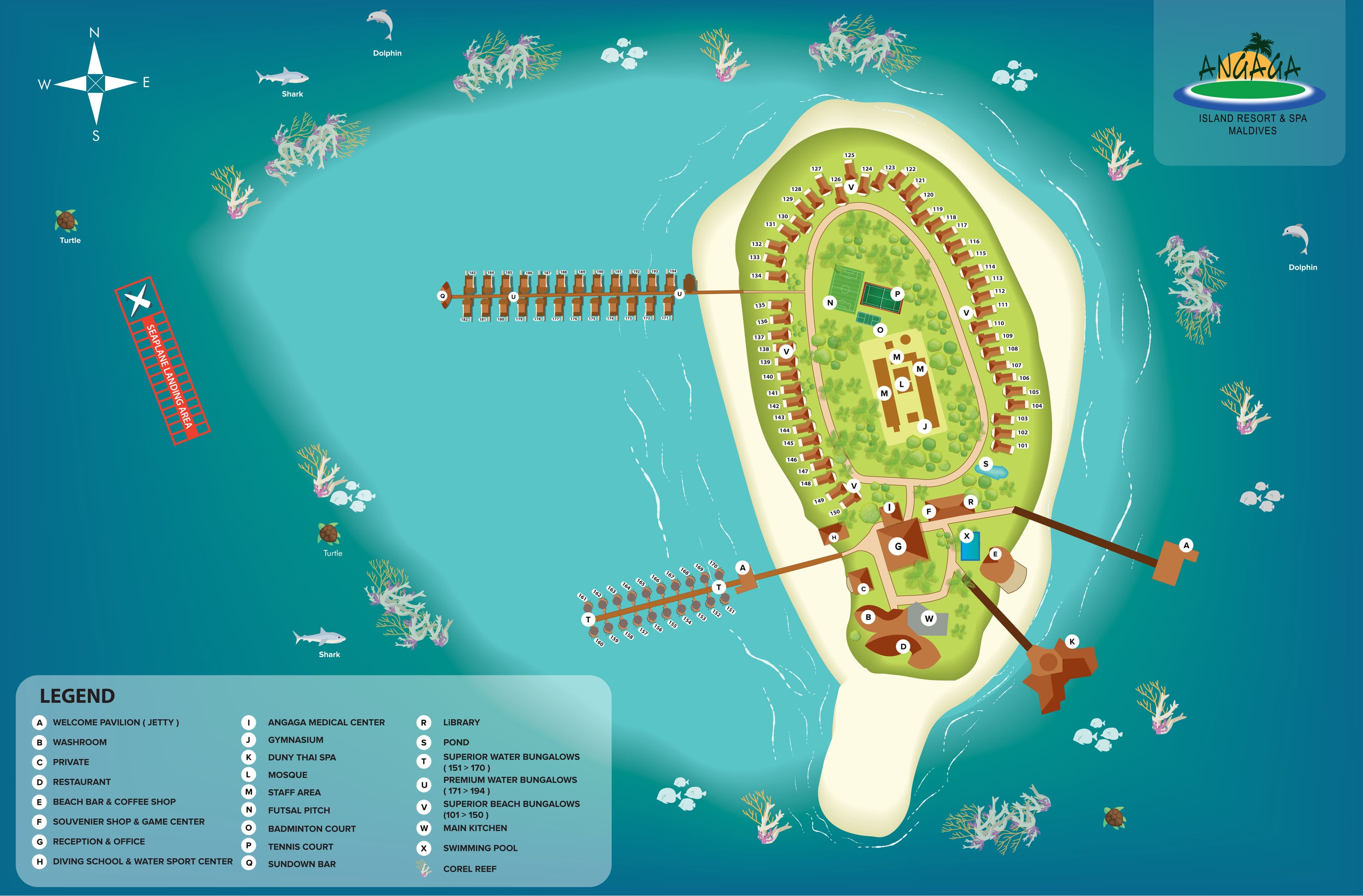 Carte illustrée d'Angaga Island — la jetée d'arrivée, les bungalows de plage ceinturant l'île, les deux jetées des bungalows sur pilotis, le restaurant, le bar de plage, le Sundown Bar, le Duny Thai Spa, le centre de plongée et de sports nautiques, les terrains de sport et le récif maison environnant