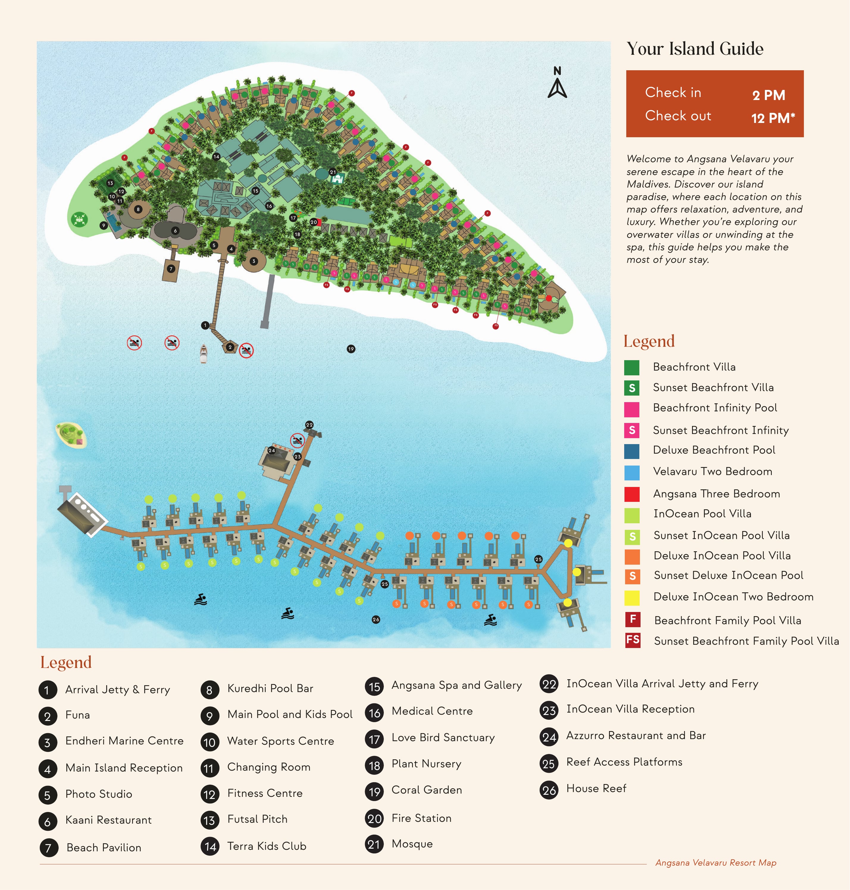 Illustrated map of Angsana Velavaru — the palm island with its pool, spa and kids club, and the InOcean villa jetty a kilometre out over the house reef