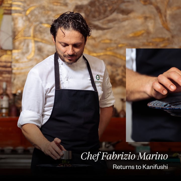 Foto von Atmosphere Kanifushi Maldives vom 05. September 2026. Könnte ein Bild von Text mit der Aufschrift „13% Chef ChefFabrizioM Fabrizio Marino Returns to Kanifushi“ sein.