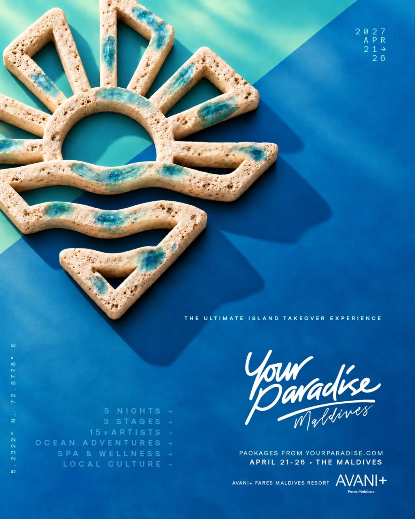 Retour au paradis. 🌴

Votre Paradise revient aux Maldives pour une deuxième année.

Cinq nuits de musique, d'air marin et de vie insulaire à Avani+ Fares Maldives Resort. Des visages familiers, de nouvelles rencontres et encore un