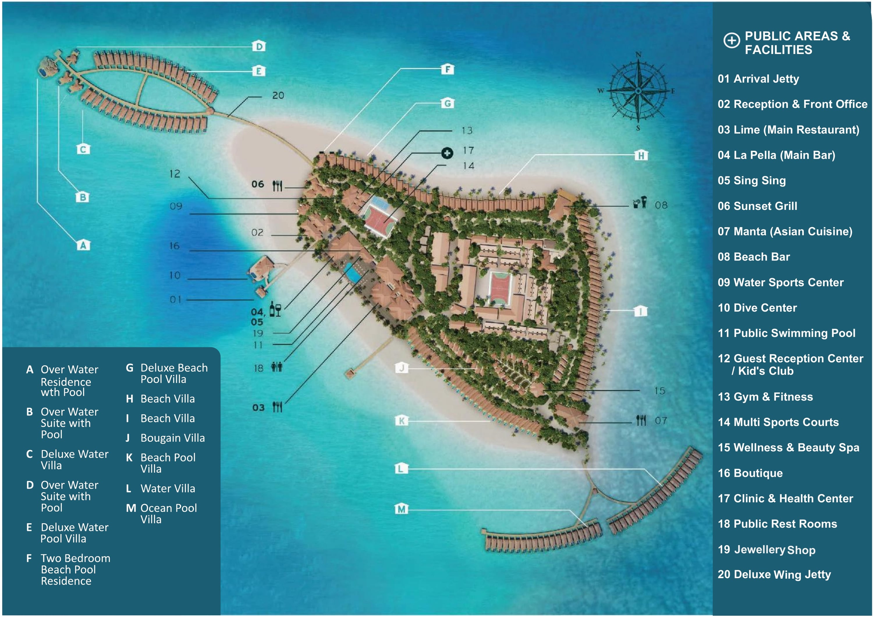 Plan illustré de l'île de Brennia Kottefaru — les deux jetées sur pilotis, les zones de villas, Lime, La Pella, Sunset Grill, Manta, le village spa et le club enfants