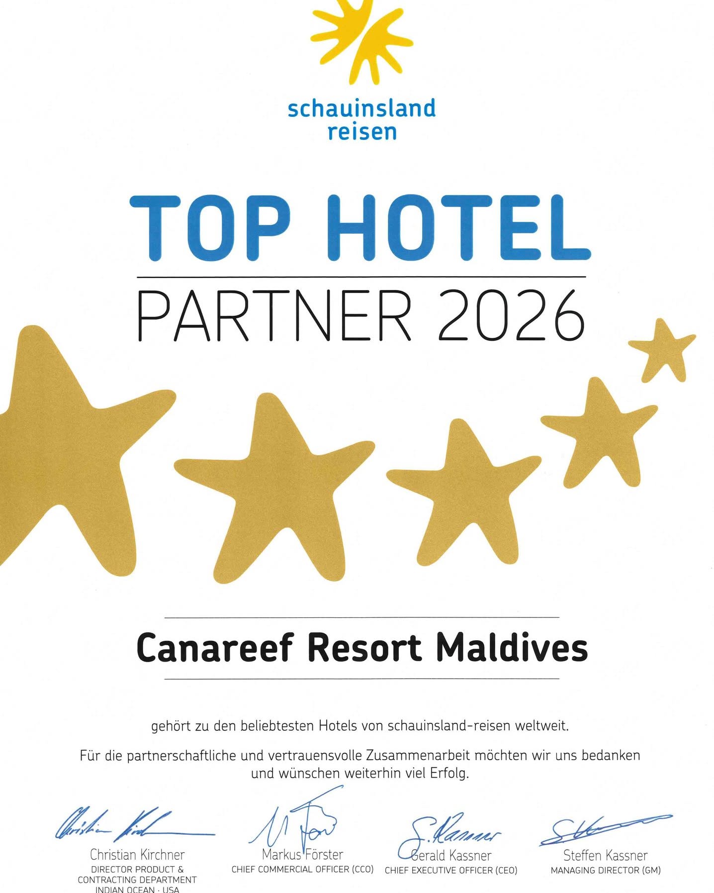 Nous sommes ravis d'être reconnus comme Top Hotel Partner 2026 par Schauinsland Reisen 🇩🇪

Cette reconnaissance reflète notre passion pour créer des expériences insulaires inoubliables et la confiance continue de