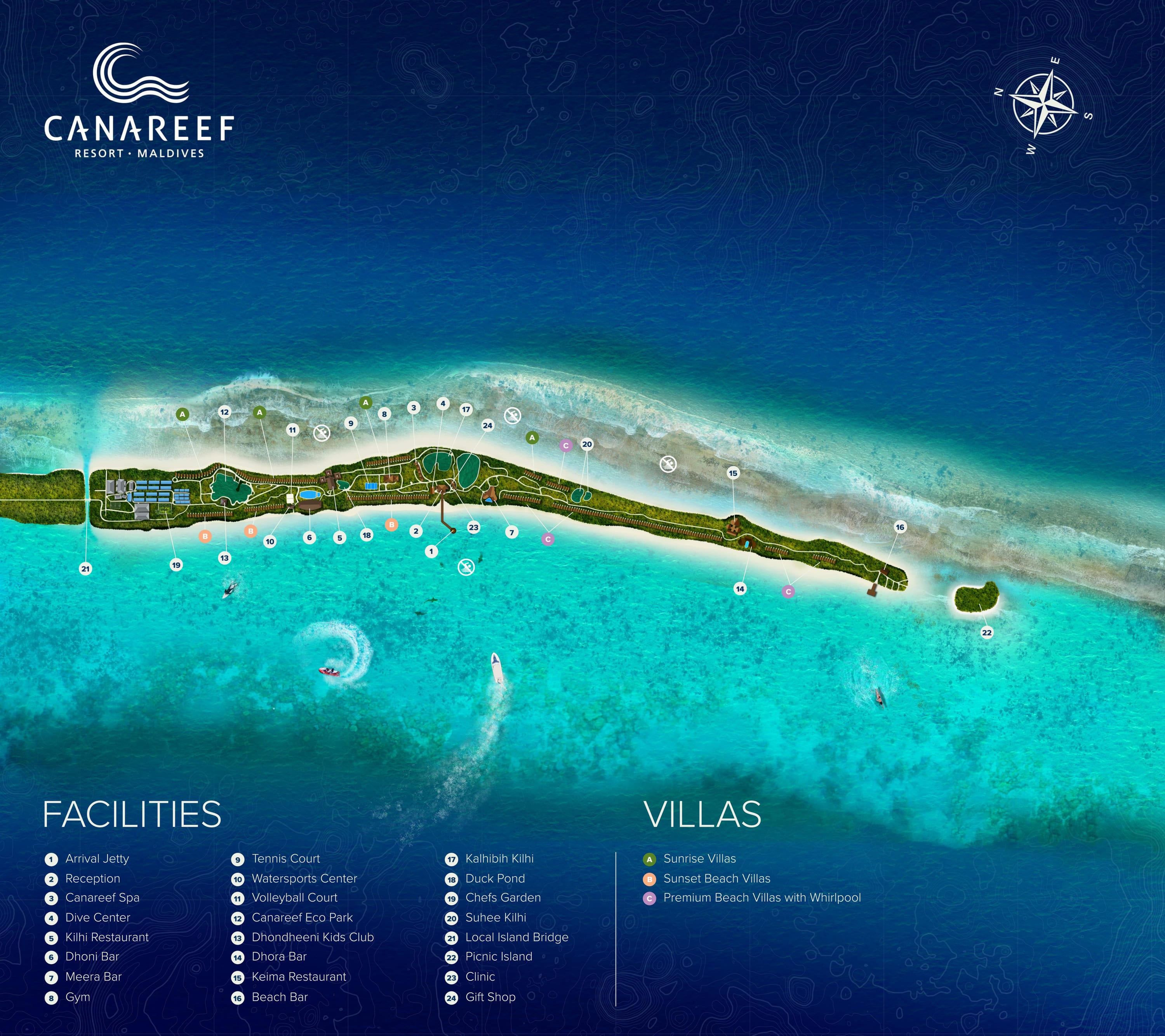 Illustrated island map of Canareef Resort Maldives — Herathera's villa zones, restaurants, bars, kids club and the bridge to Hulhumeedhoo