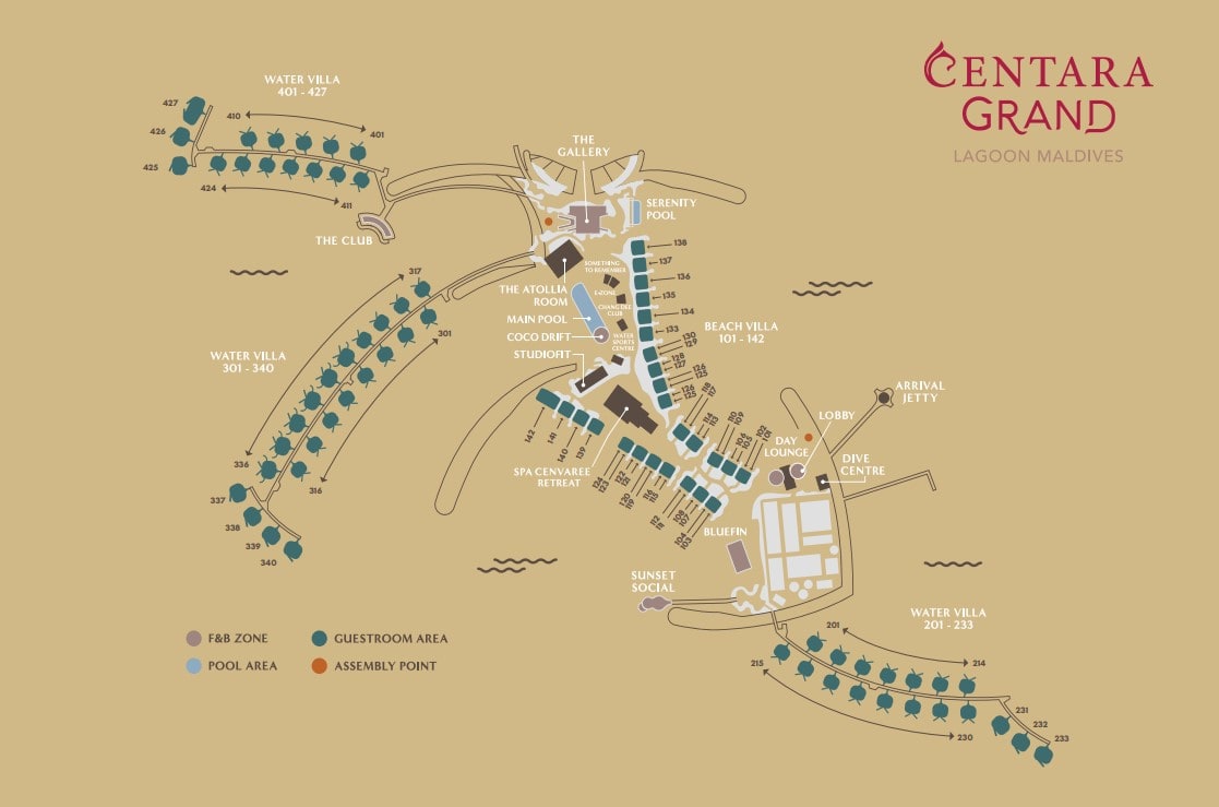 Offizielle Resortkarte von Centara Grand Lagoon — Villenflügel, Venues und der Ruhepool