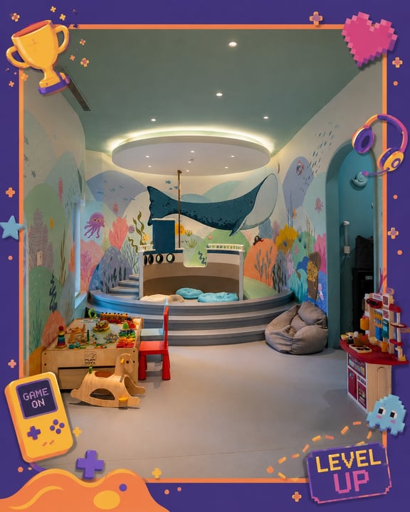 Foto di Centara Mirage Lagoon Maldives del 19 settembre 2026. Potrebbe essere un cartone animato di ‎pesci e ‎testo che dice "‎الاه AW וי " GAME ON LEVEL UP‎"‎‎.