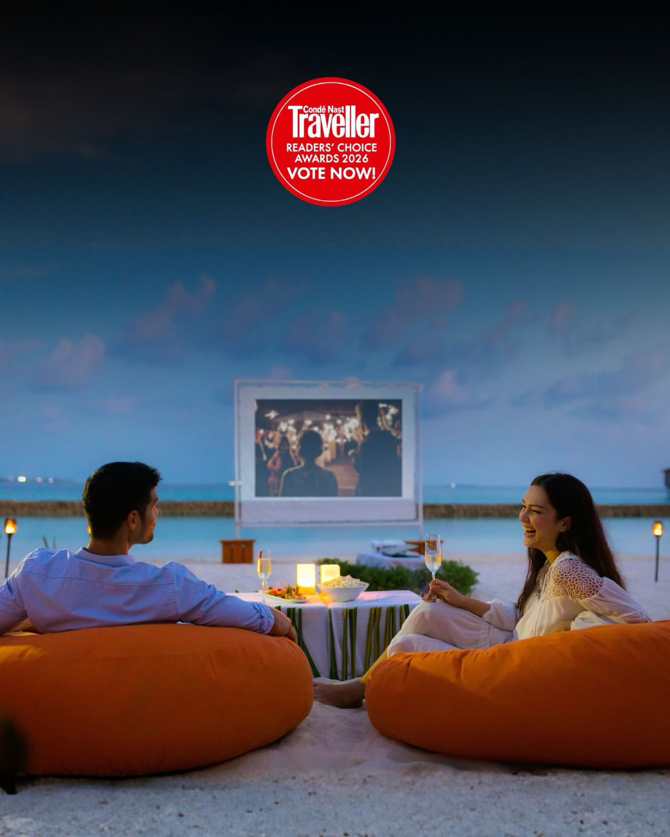 Photo by Centara Ras Fushi Resort & Spa Maldives on June 11, 2026. May be an image of screen, sofa, poster, picnic and text that says "Traveller Conde ast READERS CHOICE E AWARDS 2026 VOTENOW! VOTE NO