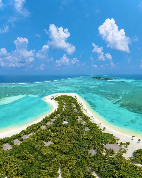 Cocoon Maldives, island, resort, vegetation, palm trees, lagoon, ocean, atoll, drone photography