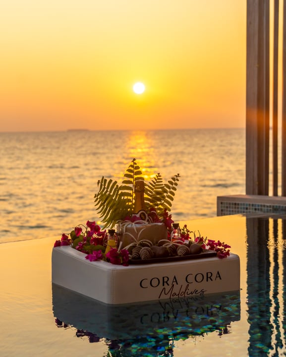 Photo by Cora Cora Maldives in Cora Cora Maldives. May be an image of flower pot, horizon, water, cabana and text.