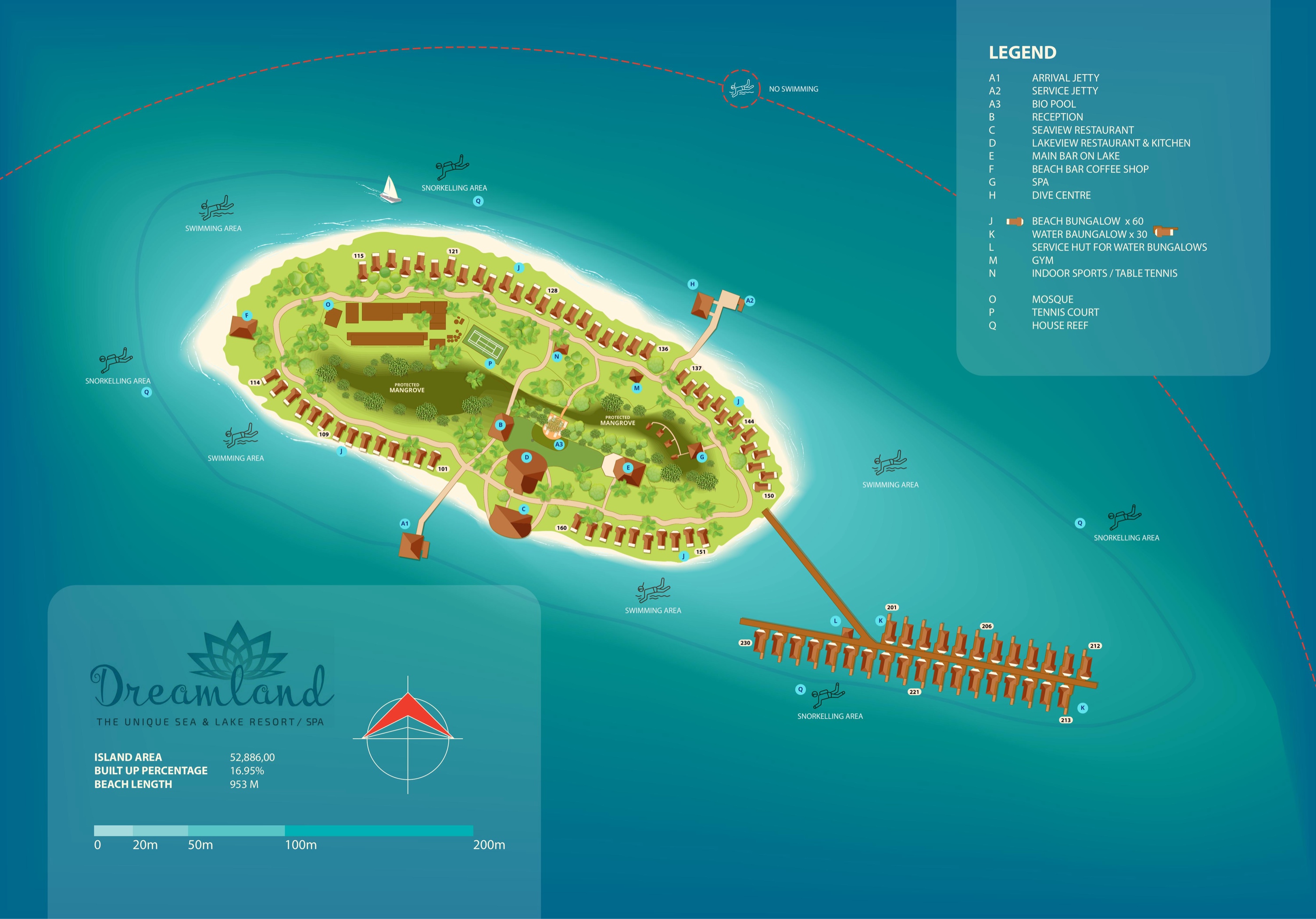 Dreamland Maldives resort island map with villa numbers and facilities