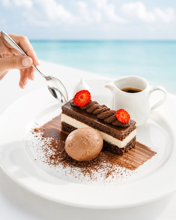 Foto von Dusit Thani Maldives vom 07. Juli 2026. Könnte ein Bild von Schokoladenkuchen, Tiramisu, Schokoladenmousse und Text sein.