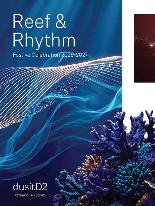 Foto von dusitD2 Feydhoo Maldives am 12. August 2026. Könnte ein Bild von Poster und Text sein, auf dem "Reef & Rhythm FestiveCelebration2026-2027 Festive Celebration Celebration2026-2027 2026-2027 2026 20" steht