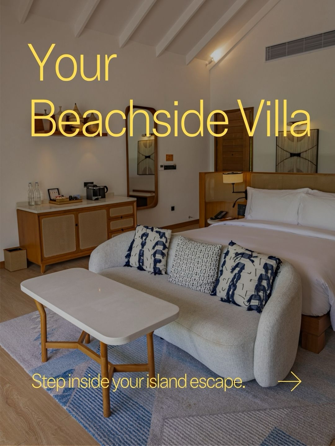 Foto di dusitD2 Feydhoo Maldives del 10 settembre 2026. Potrebbe essere un'immagine di testo che dice "Your Beachside Villa Stepinsideyourislandescap Step inside your island escape.".