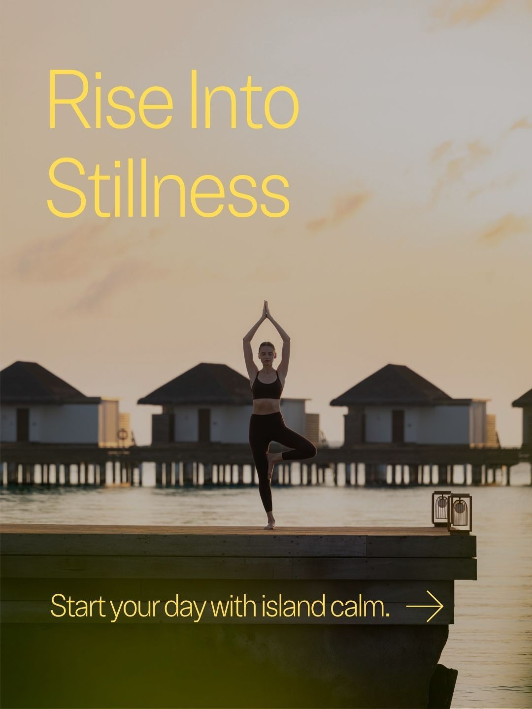 Foto di dusitD2 Feydhoo Maldives del 16 settembre 2026. Potrebbe essere un'immagine di yoga, persona in piedi, poster e testo che dice "Rise Into Stillness LT D HISI 1the811 III IIl Ⅲ品 II 明國 Startyour Startyourdaywith