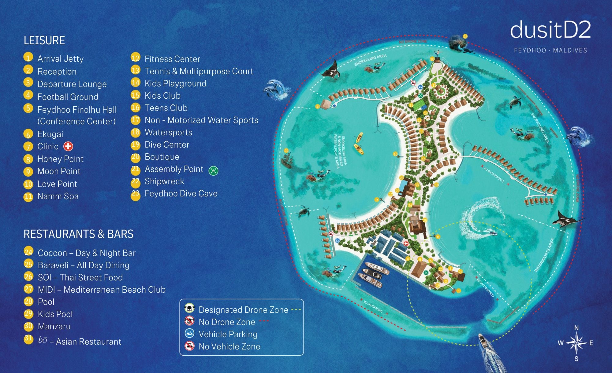 Illustrierte Resortkarte von DusitD2 Feydhoo Maldives — Villen, Restaurants, Tauchplätze und Sonnenuntergangspunkte