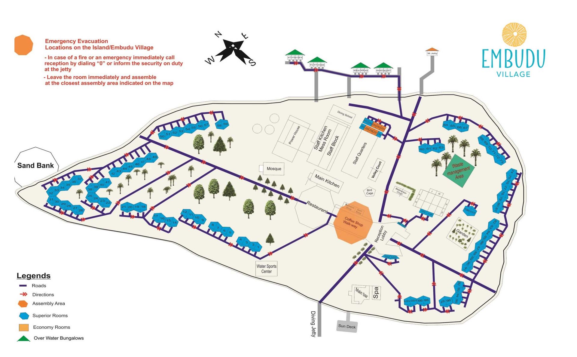 Mappa illustrata dell'isola di Embudu Village — bungalow superior, il pontile dei bungalow overwater, ristorante, bar, spa e scuola di immersioni