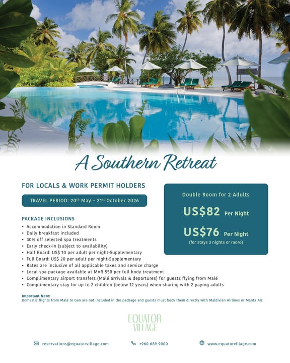 Foto von Equator Village Maldives vom 19. Mai 2026. Könnte ein Bild von Magazin, Poster, Pool, im Freien und Text sein.