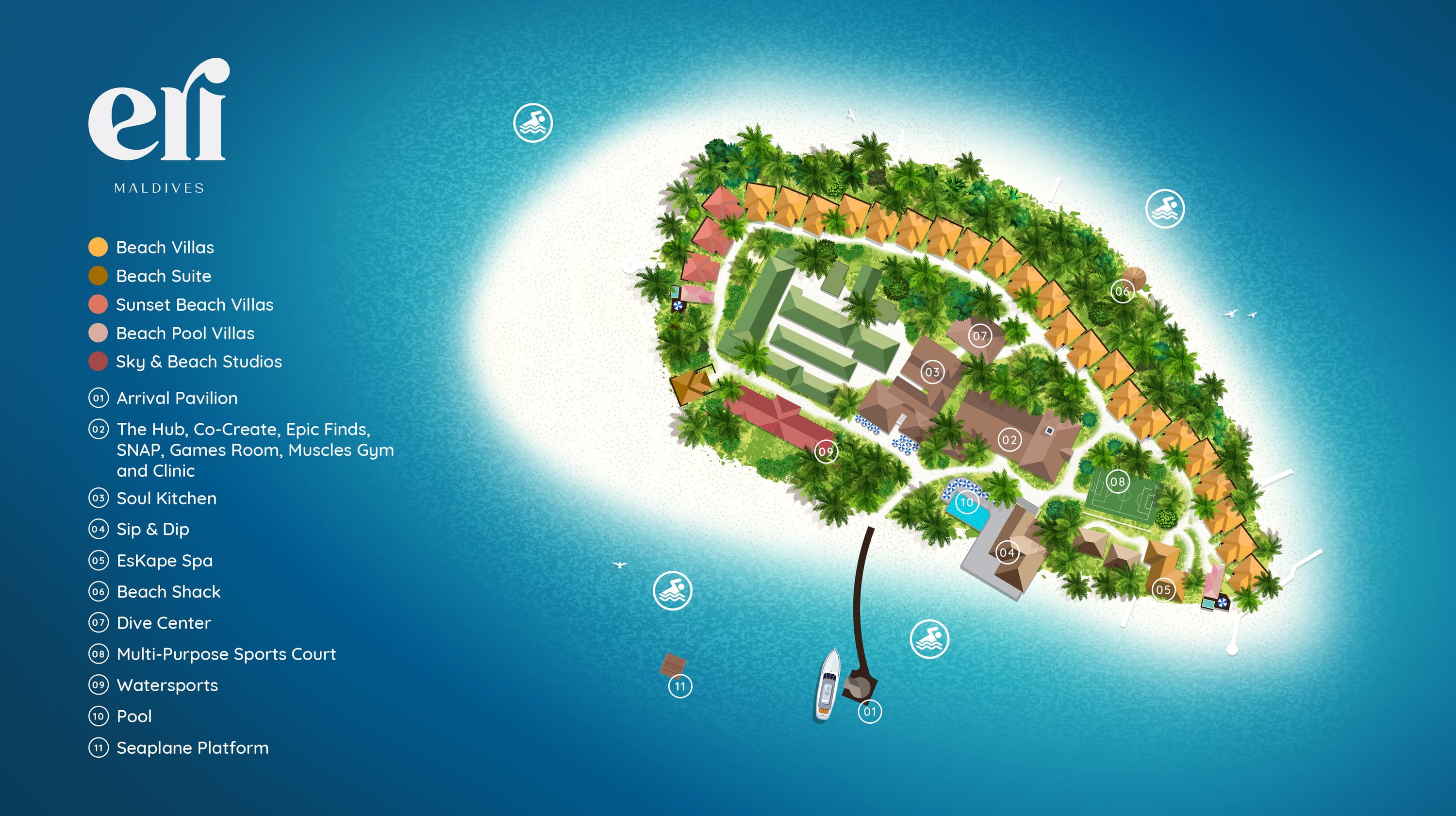 Illustrated island map of Eri Maldives — villa types, Soul Kitchen, Sip & Dip, Beach Shack, spa, dive centre and seaplane platform