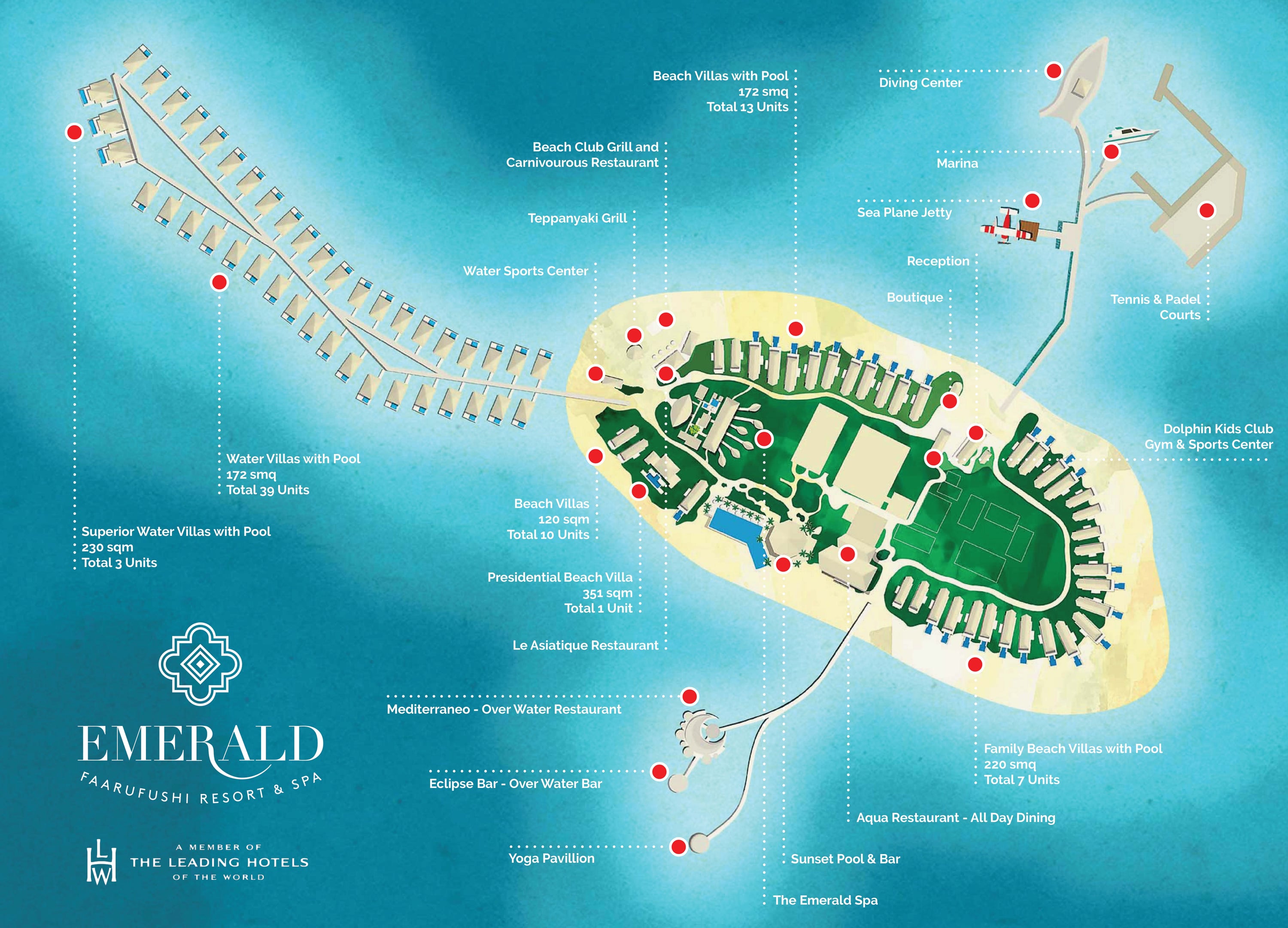 Carte illustrée de l'île d'Emerald Faarufushi Resort & Spa — villas sur la plage, ponton des villas sur pilotis, restaurants, spa et terrains de sport