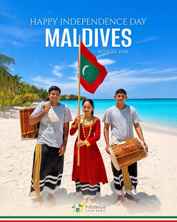 Photo by Filitheyo Island Resort on July 26, 2026. May be an image of poster, flag, outdoors and text that says "HAPPY INDEPENDENCE DAY MALOIVES 26JULY2026- 26TIJULY 26TH JULY 2026 Filitheyo Island is