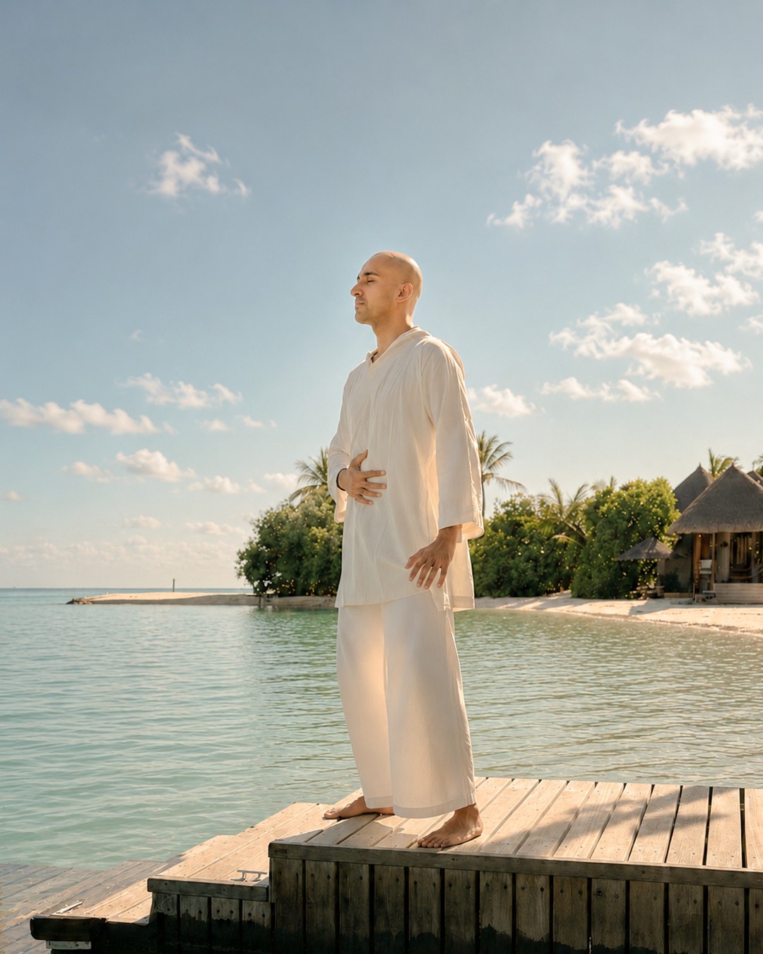 Foto von Four Seasons Resorts Maldives vom 20. Juli 2026. Könnte ein Bild von einer stehenden Person, Sarong, Gewässer und Text sein.