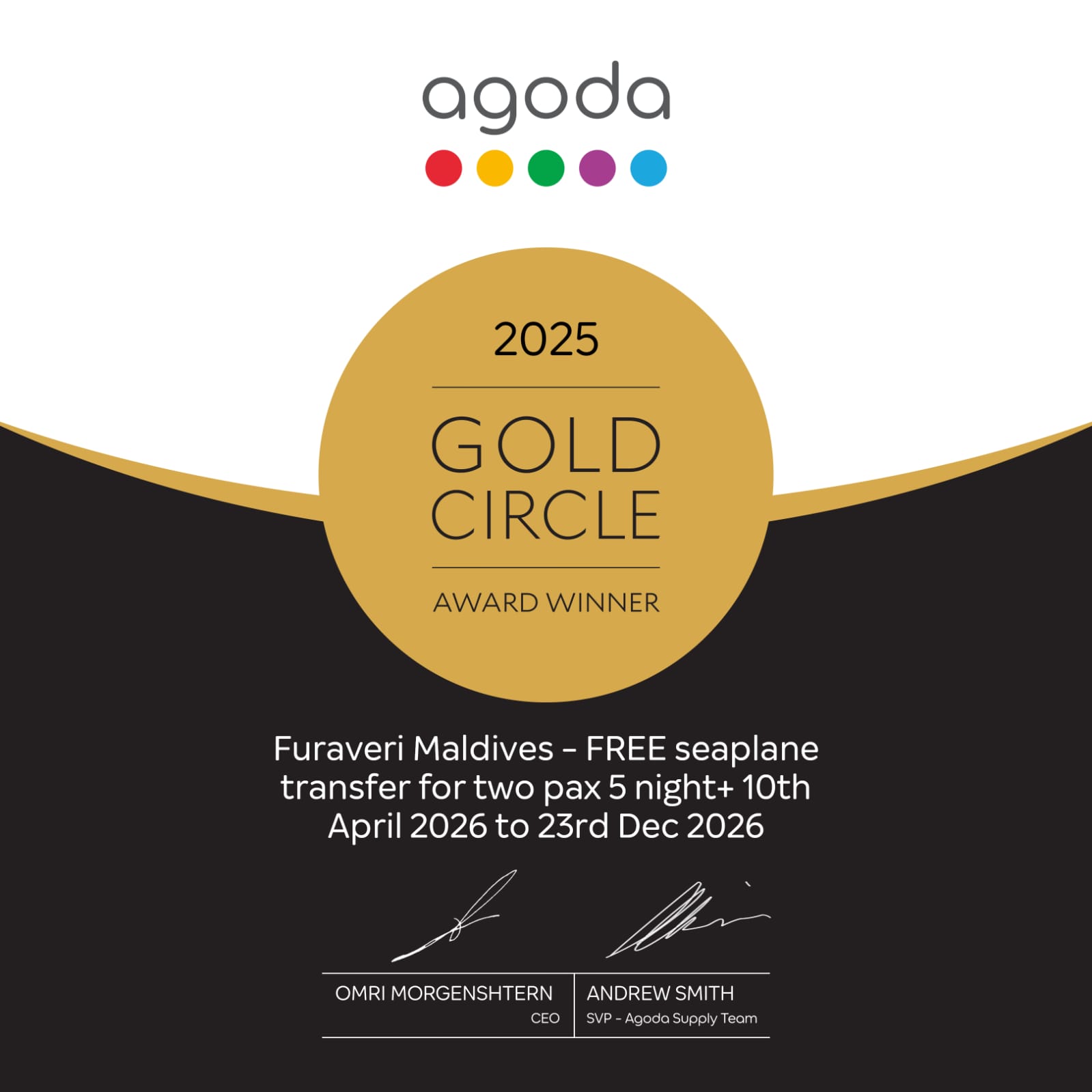 Photo by Furaveri Maldives | Luxury Resort in Maldives on March 05, 2026. May be a graphic of ‎poster, magazine, place mat and ‎text that says "‎agoda 2025 GOLD CIRCLE AWARD WINNER Furaveri Maldives F