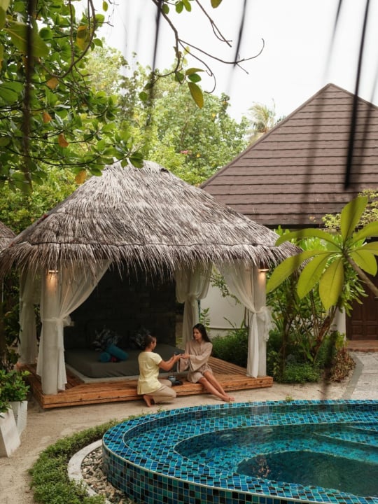 Photo shared by Fushifaru Maldives | Boutique Resort on June 13, 2026 tagging @seoev. May be an image of pool, cabana, outdoors and text.