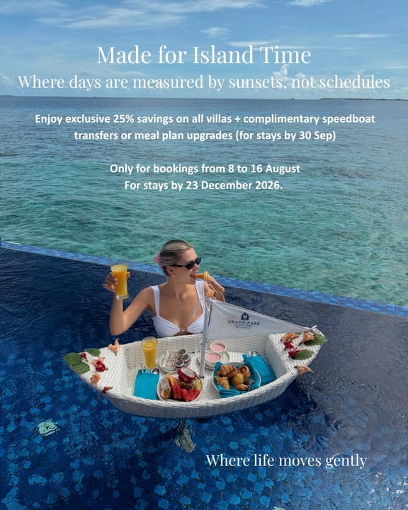 Woman in a pool enjoys a floating breakfast tray overlooking a turquoise ocean, with resort promo text about island-time savings.