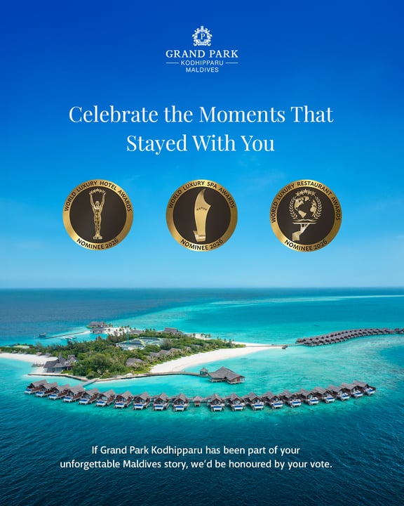 Foto von Grand Park Kodhipparu vom 28. August 2026. Möglicherweise ein Bild von Poster, Magazin und Text mit der Aufschrift „GRAND GRANDPARK PARK ODHIPPARU MALDIVES Celebrate the Moments That Stayed With You HOTEL ኦቨር “