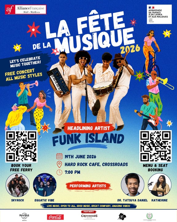 Photo by Hard Rock Hotel Maldives on June 14, 2026. May be an image of poster, magazine and text that says "af AllianceFrançaise Française AllianceF Malé Maldives DEERANCE AMBASSADE DEFRANCE SRILAN TA