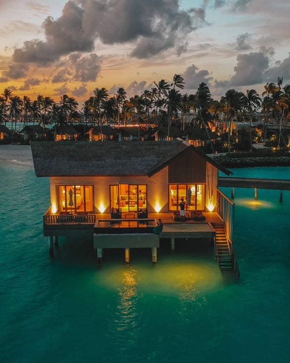 Photo by Hard Rock Hotel Maldives on August 12, 2026. May be an image of twilight, cabana and text.