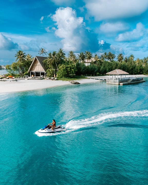 Photo by Hard Rock Hotel Maldives on August 08, 2026. May be an image of seaplane, jet ski, raft, speedboat, water and text.
