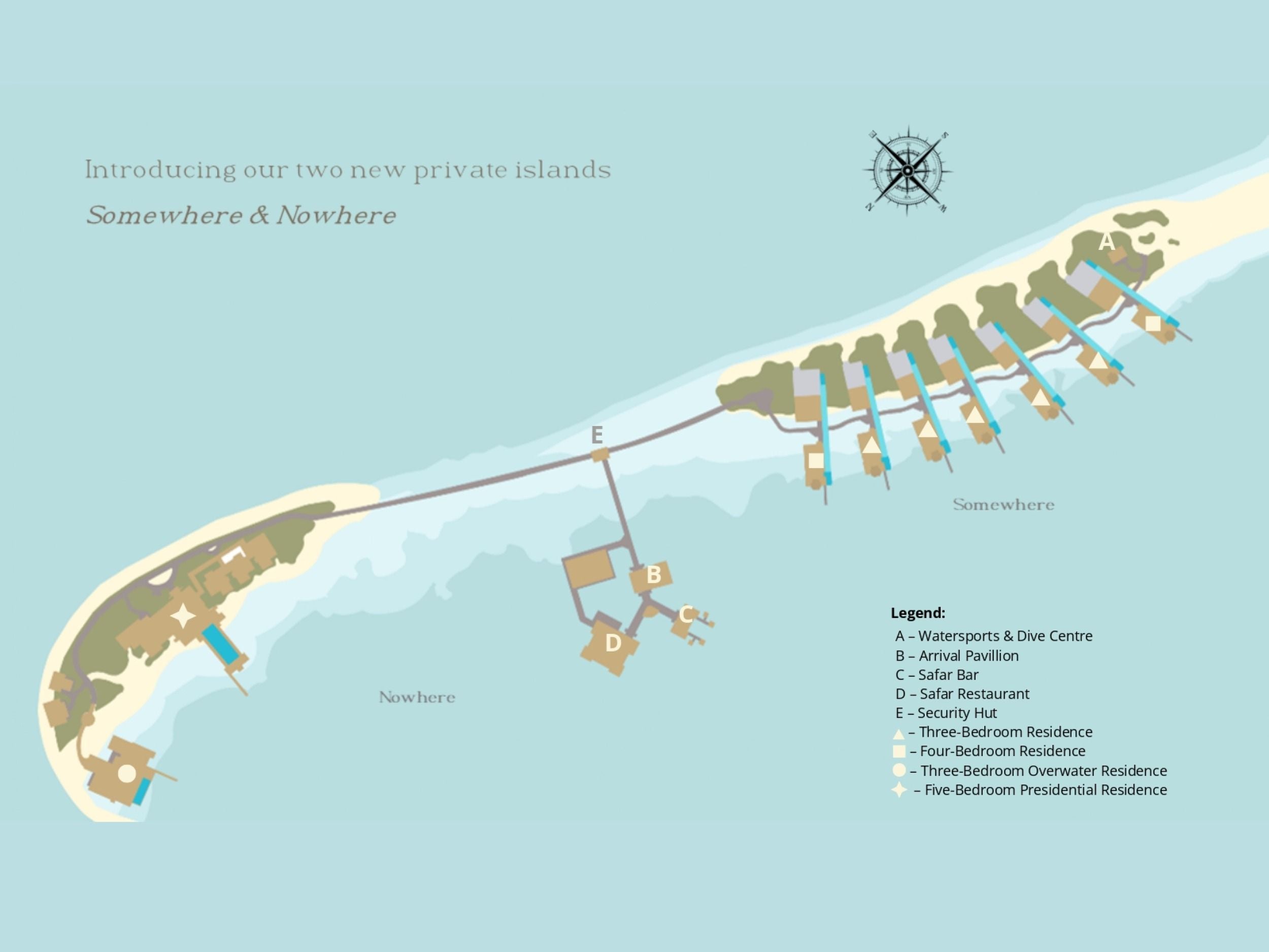 Carte illustrée des deux îles de .Here — Somewhere, avec sa rangée de résidences de trois et quatre chambres et le centre nautique et de plongée, reliée par une longue passerelle à Nowhere et ses résidences présidentielle et sur l'eau, avec le pavillon d'arrivée, le Safar Bar et le Safar Restaurant au-dessus du lagon entre les deux