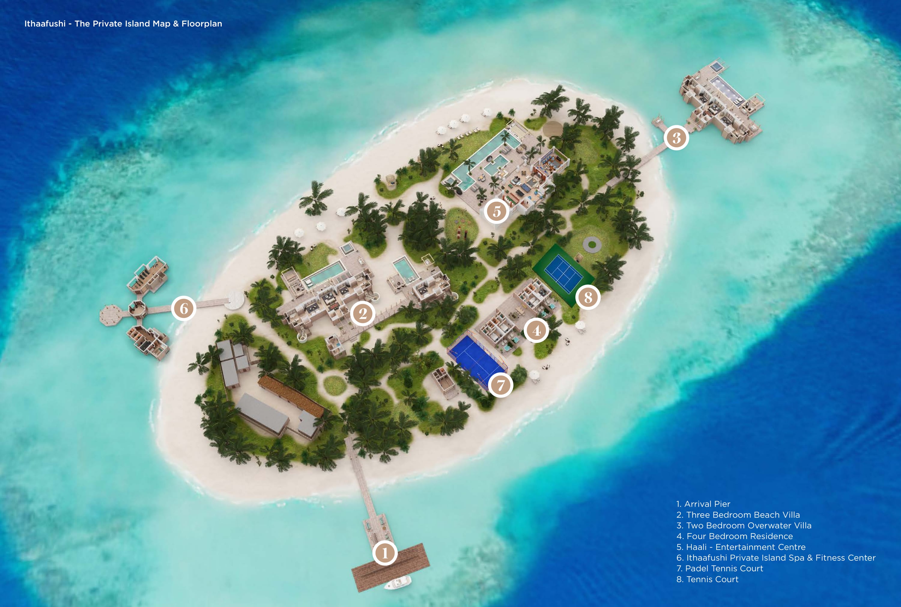 Carte illustrée d'Ithaafushi Private Island — ponton d'arrivée, les trois villas, Haali, le spa et le centre de fitness, ainsi que les terrains de padel et de tennis