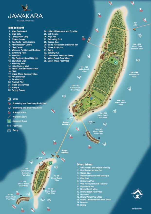 Jawakara Islands resort map showing Mabin and Dheru islands