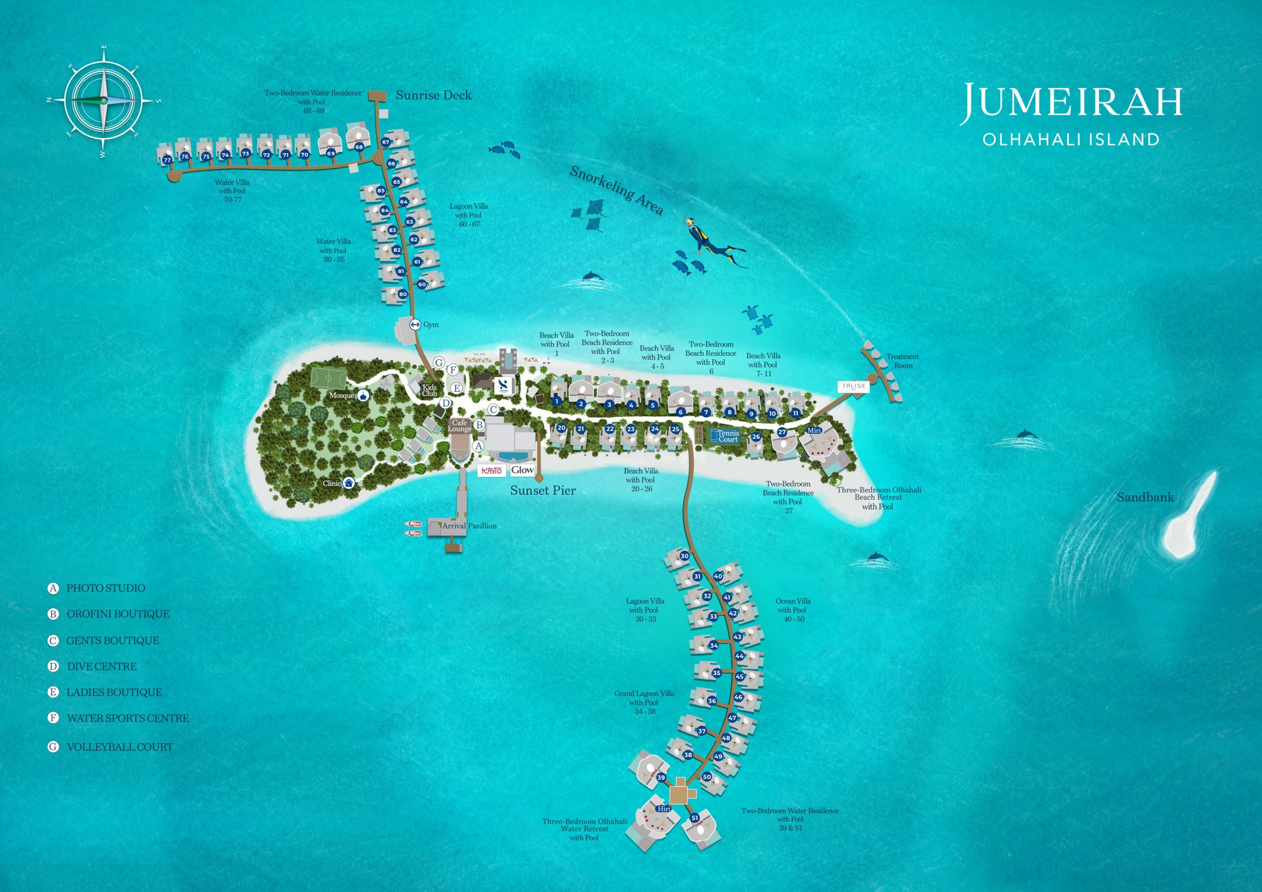 Illustrierte Inselkarte von Jumeirah Olhahali Island — Villennummerierung, Restaurants, Talise Spa, Kids Club und die Schnorchelzone