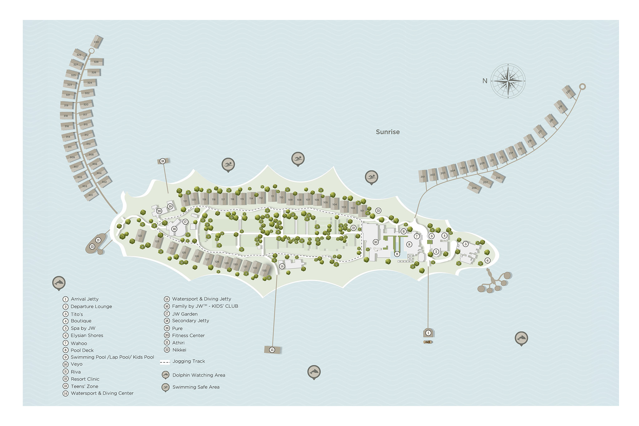 Illustrated resort map of JW Marriott Maldives Kaafu Atoll Resort — beach villas along both shores, two overwater arcs, the restaurants and bars, Spa by JW, the kids club and the arrival jetty
